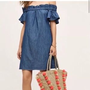 Anthro Corey Lynn Calter Chambray Off Shoulder Ruffle Dress XS 100% Cotton